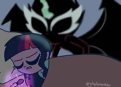 Size: 1378x999 | Tagged: safe, artist:psychodiamondstar, sci-twi, twilight sparkle, equestria girls, g4, bed, bedsheets, clothes, duality, duo, eyes closed, magic, midnight sparkle, nightmare, pillow, shadow, sleeping