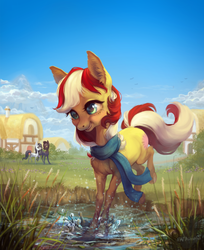 Size: 1512x1849 | Tagged: safe, artist:natanatfan, oc, oc only, oc:salute, earth pony, pony, clothes, ear fluff, hoers, outdoors, painting, pond, pony head on horse, realistic horse legs, scarf, scenery, smiling, solo focus, splashing, uncanny valley, water