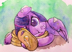 Size: 3868x2797 | Tagged: safe, artist:awk44, twilight sparkle, alicorn, pony, g4, cute, female, floppy ears, food, high res, i'm pancake, one eye closed, pancakes, smiling, solo, traditional art, twiabetes, twilight sparkle (alicorn), watercolor painting