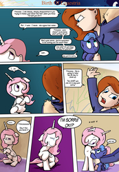 Size: 1280x1853 | Tagged: safe, artist:shieltar, princess celestia, princess luna, oc, oc:grace harmony, pony, comic:birth of equestria, g4, baby, baby pony, cewestia, clothes, comic, crying, female, filly, misspelling of you're, pink-mane celestia, winged human, woona, younger