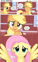 Size: 3300x5328 | Tagged: safe, artist:perfectblue97, applejack, fluttershy, earth pony, pegasus, pony, comic:without magic, g4, absurd resolution, barn, comic, crying, sweet apple acres