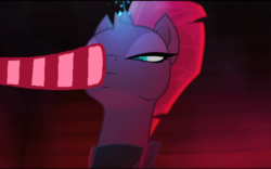 Size: 540x336 | Tagged: safe, edit, edited screencap, screencap, tempest shadow, pony, unicorn, g4, my little pony: the movie, boop, broken horn, clothes, disembodied hoof, eye scar, female, horn, mare, scar, socks, sparking horn, striped socks, this will end in death, this will end in tears, this will end in tears and/or death, unamused, xk-class end-of-the-world scenario