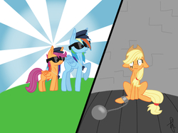 Size: 1024x768 | Tagged: safe, artist:ilaria122, applejack, rainbow dash, scootaloo, pony, g4, ball and chain, floppy ears, jail, police, police uniform, prison, sad, sunglasses, whistle