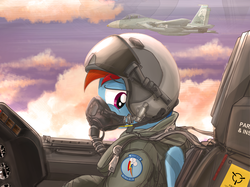 Size: 1280x957 | Tagged: safe, artist:buckweiser, rainbow dash, pony, g4, aircraft, aviator goggles, breathing mask, clothes, cloud, cockpit, f-15 eagle, female, fighter pilot, flying, goggles, helmet, jet, jet fighter, looking back, mare, military, oxygen mask, pilot, pilot dash, respirator, sad, sky, solo, worried