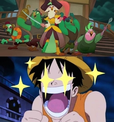 Size: 558x598 | Tagged: safe, edit, edited screencap, screencap, boyle, captain celaeno, lix spittle, mullet (g4), squabble, parrot pirates, anthro, g4, my little pony: the movie, meme, monkey d. luffy, one piece, pirate