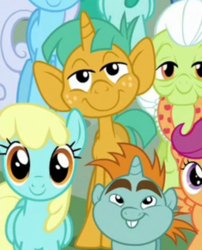 Size: 512x635 | Tagged: safe, screencap, granny smith, linky, sassaflash, scootaloo, shoeshine, snails, snips, spring melody, sprinkle medley, pony, unicorn, g4, the cutie re-mark, colt, looking at you, male, smiling