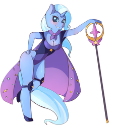 Size: 1956x2168 | Tagged: safe, artist:fluffleduckle, trixie, anthro, g4, armpits, blushing, breasts, cape, cleavage, clothes, female, knee pads, leaning, leotard, magical girl, simple background, solo, staff, trixie's cape, white background