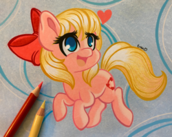 Size: 3536x2809 | Tagged: safe, artist:emberslament, oc, oc only, oc:zabu, earth pony, pony, bow, colored pencils, female, hair bow, heart, high res, mare, pencil, photo, solo, traditional art