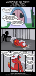 Size: 960x2000 | Tagged: safe, artist:terminuslucis, oc, oc only, pony, unicorn, comic:adapting to night, comic:adapting to night: the deal, comic, dialogue, prison, silhouette