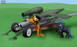 Size: 3131x1941 | Tagged: safe, artist:the-furry-railfan, oc, oc only, oc:night strike, oc:twintails, pegasus, pony, cart, clothes, cruise missile, fieseler fi 103, grass field, invention, jacket, missile, p 235, pulsejet, this will end in balloons, v-1, worried