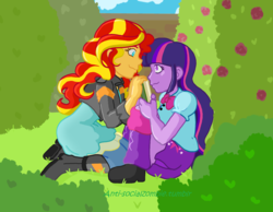 Size: 1280x995 | Tagged: safe, artist:anti-socialzombie, sunset shimmer, twilight sparkle, equestria girls, g4, book, cute, female, kneeling, lesbian, looking at each other, shimmerbetes, ship:sunsetsparkle, shipping, twiabetes