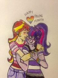 Size: 240x320 | Tagged: safe, artist:starlightstarbrxght, sci-twi, sunset shimmer, twilight sparkle, equestria girls, g4, asexual, asexual pride flag, eyes closed, female, gay pride, gay pride flag, heart, kissing, lesbian, lesbian pride flag, pride, pride month, ship:sci-twishimmer, ship:sunsetsparkle, shipping, simple background, traditional art