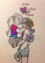 Size: 232x320 | Tagged: safe, artist:starlightstarbrxght, starlight glimmer, trixie, equestria girls, g4, bisexual pride flag, demisexual pride flag, female, gay pride, gay pride flag, heart, lesbian, looking at each other, pride, pride month, ship:startrix, shipping, simple background, traditional art
