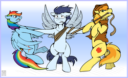 Size: 3576x2168 | Tagged: safe, artist:stormblaze-pegasus, braeburn, rainbow dash, soarin', earth pony, pegasus, pony, g4, bipedal, bisexual, cowboy hat, female, floppy ears, gay, gritted teeth, hat, high res, love triangle, male, mare, mouth hold, nose wrinkle, rope, ship:soarburn, ship:soarindash, shipping, soarburndash, spread wings, stallion, stetson, straight, trio, tug of war, wings