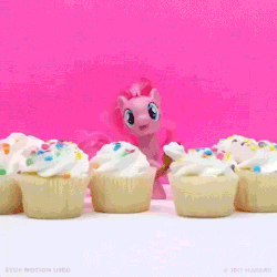 Size: 480x480 | Tagged: safe, pinkie pie, earth pony, pony, g4, animated, brushable, copyright, cupcake, cute, diapinkes, eating, female, food, frosting, gif, hasbro, irl, looking at you, looking back, looking back at you, looking down, mare, open mouth, photo, solo, stop motion, toy