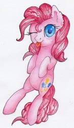 Size: 2000x3416 | Tagged: safe, artist:0okami-0ni, pinkie pie, earth pony, pony, g4, colored pupils, female, high res, one eye closed, smiling, solo, tongue out, traditional art, watercolor painting, wink