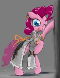 Size: 1855x2400 | Tagged: safe, artist:satv12, pinkie pie, earth pony, pony, g4, bipedal, bipedal leaning, clothes, dress, ear piercing, female, leaning, mare, one eye closed, piercing, simple background, solo, tongue out, wink