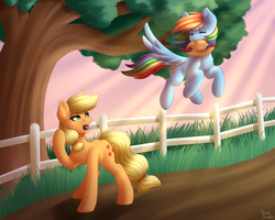 Size: 2500x2000 | Tagged: safe, artist:spirit-dude, applejack, rainbow dash, pegasus, pony, g4, cowboy hat, crepuscular rays, cute, dirt road, duo, eyes closed, fence, freckles, grass, hat, high res, mouth hold, open mouth, raised hoof, request, requested art, stetson, tongue out, tree