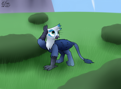 Size: 2469x1810 | Tagged: safe, artist:the-furry-railfan, oc, oc only, oc:gustriana, griffon, bush, confused, contrail, grass field, mountain, this will end in balloons, this will end in explosions
