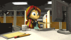 Size: 1280x720 | Tagged: safe, artist:iruser, sunset shimmer, equestria girls, g4, 3d, animated, bacon rampage, clothes, computer, cup, female, gif, jacket, lamp, pencil, phone, shirt, shitposting loudly, sitting, solo, source filmmaker