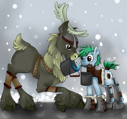 Size: 1402x1324 | Tagged: safe, artist:chromaflow, oc, oc only, caribou, earth pony, pony, bucket, male, mouth hold, stallion, viking caribou, water