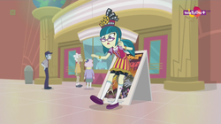 Size: 1136x638 | Tagged: safe, screencap, geri, juniper montage, mr. shallow, pearly stitch, equestria girls, equestria girls specials, g4, my little pony equestria girls: mirror magic, apron, background human, bus driver, canterlot mall, clothes, glasses, teletoon