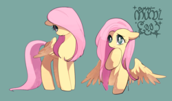 Size: 1175x691 | Tagged: safe, artist:dusty-munji, fluttershy, pegasus, pony, g4, cute, female, hair over one eye, shyabetes, simple background, solo