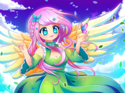 Size: 1024x762 | Tagged: safe, artist:gingersai, fluttershy, butterfly, human, g4, clothes, cloud, cute, dress, female, flying, gala dress, humanized, shyabetes, sky, solo, windswept hair, winged humanization, wings