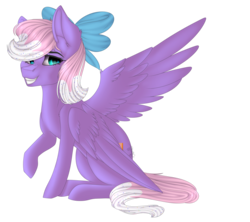 Size: 4500x4000 | Tagged: safe, artist:crazllana, oc, oc only, oc:rainbow biscuit, pegasus, pony, absurd resolution, bow, female, hair bow, mare, simple background, sitting, solo, transparent background