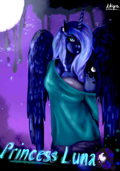 Size: 1050x1500 | Tagged: safe, artist:atiquaart, princess luna, anthro, g4, alternative cutie mark placement, clothes, ear piercing, earring, female, freckles, jewelry, moon, night, off shoulder, piercing, shirt, shoulder cutie mark, solo, stars, tree