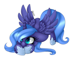 Size: 3160x2580 | Tagged: safe, artist:hyshyy, artist:minelvi, princess luna, alicorn, pony, g4, collaboration, female, filly, floppy ears, high res, simple background, smiling, solo, spread wings, transparent background, wings, woona, younger