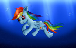 Size: 1752x1106 | Tagged: safe, artist:brok-enwings, rainbow dash, pegasus, pony, g4, bubble, female, mare, multicolored hair, solo, swimming, underwater, water