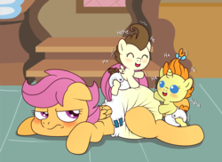 Size: 2200x1600 | Tagged: safe, artist:fillyscoots42, edit, pound cake, pumpkin cake, scootaloo, pegasus, pony, unicorn, ask crinkleloo, g4, blushing, crinkleloo, cute, cutealoo, diaper, diaper fetish, fetish, foal, non-baby in diaper, poofy diaper, tumblr, urine, wet diaper