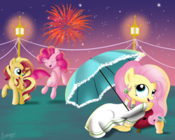 Size: 2500x2000 | Tagged: safe, artist:songbirdserenade, fluttershy, pinkie pie, sunset shimmer, pony, unicorn, g4, canada day, clothes, dress, ear piercing, earring, fireworks, happy, high res, jewelry, night, piercing, prone, umbrella