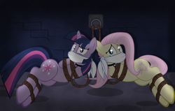 Size: 1024x652 | Tagged: safe, artist:radiantrealm, fluttershy, twilight sparkle, pony, g4, bondage, captured, cloth gag, collar, damsel in distress, female, gag, kidnapped, leash, rope, rope bondage, show accurate, tied up