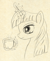 Size: 668x812 | Tagged: safe, artist:sycreon, twilight sparkle, pony, unicorn, g4, bust, cup, eyeliner, female, glowing horn, horn, levitation, magic, makeup, monochrome, portrait, sketch, smiling, solo, steam, telekinesis