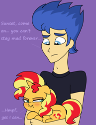 Size: 840x1088 | Tagged: safe, artist:purfectprincessgirl, flash sentry, sunset shimmer, human, pony, unicorn, equestria girls, g4, blushing, crossed arms, cute, duo, female, floppy ears, holding a pony, humanized, madorable, male, mare, pouting, purple background, scrunchy face, shimmerbetes, ship:flashimmer, shipping, simple background, straight, tsundere, tsunset shimmer