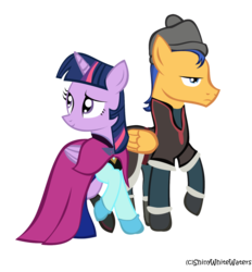 Size: 1024x1104 | Tagged: safe, artist:sketch-shepherd, flash sentry, twilight sparkle, alicorn, pegasus, pony, g4, anna, anna (frozen), clothes, couple, crossover, duo, female, flash sentry is not amused, frozen (movie), kristoff, male, mare, ship:flashlight, shipping, simple background, stallion, straight, transparent background, twilight sparkle (alicorn), unamused