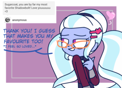 Size: 1280x928 | Tagged: safe, artist:psychodiamondstar, sugarcoat, equestria girls, g4, bedroom eyes, clothes, crystal prep academy uniform, dialogue, female, glasses, heart, school uniform, solo