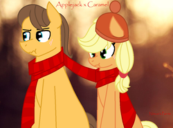 Size: 948x702 | Tagged: safe, artist:nimuepaints, applejack, caramel, earth pony, pony, g4, blushing, clothes, duo, female, hat, male, mare, scarf, ship:carajack, shipping, stallion, straight