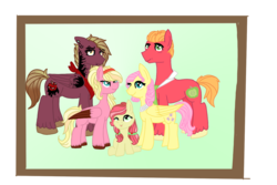 Size: 1500x1000 | Tagged: safe, artist:blondebrony, big macintosh, fluttershy, oc, oc:apple aday, oc:bright apple, oc:pink petals, pony, g4, alternate hairstyle, family photo, female, filly, male, ship:fluttermac, shipping, straight