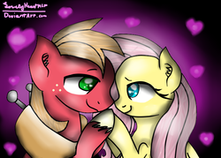 Size: 700x500 | Tagged: safe, artist:lovelyheartmlp, big macintosh, fluttershy, earth pony, pegasus, pony, g4, bedroom eyes, female, male, mare, ship:fluttermac, shipping, stallion, straight