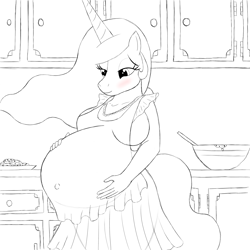 Size: 2000x2000 | Tagged: safe, artist:20thx5150, princess celestia, alicorn, anthro, g4, apron, belly, big belly, blushing, clothes, cookie, female, food, high res, housewife, kitchen, lineart, monochrome, preglestia, pregnant