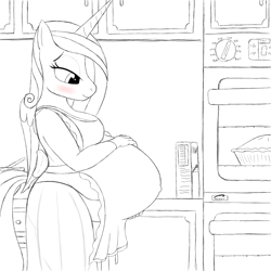 Size: 2000x2000 | Tagged: safe, artist:20thx5150, princess cadance, alicorn, anthro, g4, apron, belly, big belly, blushing, clothes, female, food, high res, housewife, kitchen, lineart, monochrome, oven, pie, pregdance, pregnant