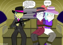 Size: 1057x755 | Tagged: safe, artist:robukun, coco pommel, rarity, equestria girls, g4, blazer, bondage, bound and gagged, car, cloth gag, clothes, detective, detective rarity, equestria girls-ified, fedora, gag, gangster, gun, hat, help us, mafia, muffled words, necktie, pants, pinstripe, rope, rope bondage, shirt, suit, tied up, tommy gun, trenchcoat, weapon