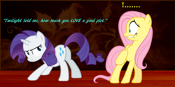 Size: 2560x1280 | Tagged: safe, artist:slb94, fluttershy, rarity, pony, g4, butt, implied flarity, implied lesbian, implied shipping, plot, presenting, shocked