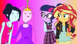 Size: 2040x1160 | Tagged: safe, artist:markellbarnes360, sci-twi, sunset shimmer, twilight sparkle, equestria girls, g4, adventure time, crossover, female, lesbian, looking at each other, male, marceline, princess bubblegum, ship:sci-twishimmer, ship:sunsetsparkle, shipping, vector