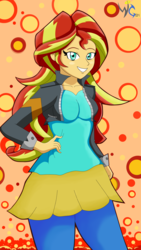 Size: 1836x3264 | Tagged: safe, artist:warriorg04, sunset shimmer, equestria girls, g4, breasts, clothes, female, jacket, looking at you, pants, shirt, smiling, solo