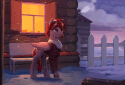 Size: 800x548 | Tagged: safe, artist:rodrigues404, oc, oc only, oc:cherry blossom, pegasus, pony, animated, cinemagraph, clothes, coat, commission, female, fence, gif, house, mare, smiling, snow, snowfall, solo
