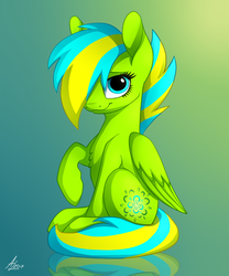 Size: 1000x1200 | Tagged: safe, artist:luminousdazzle, oc, oc only, oc:lucid dazzle, pegasus, pony, blue eyes, blue mane, cyan mane, female, gradient background, green coat, hair over one eye, looking at you, mare, smiling, solo, yellow mane